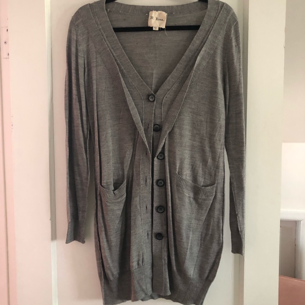 M. Rena grey long button up cardigan sweater, med